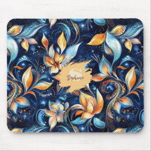Abstrakte Paisley-Blätter in Blau und Gold (2) Mousepad