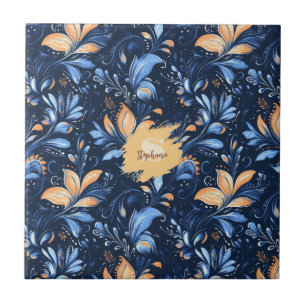 Abstrakte Paisley-Blätter in Blau und Gold (3) Fliese