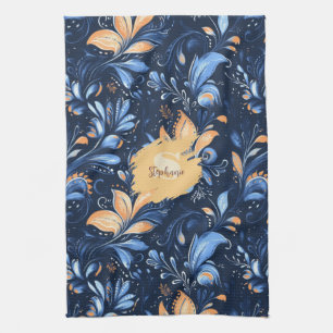 Abstrakte Paisley-Blätter in Blau und Gold (3) Geschirrtuch