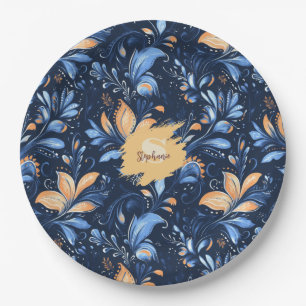 Abstrakte Paisley-Blätter in Blau und Gold (3) Pappteller