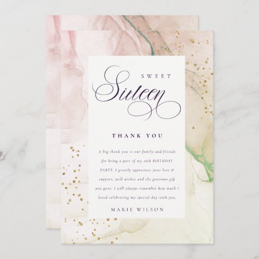 Abstrakte Pastel Dusky Pink Grüne Süße 16 Geburtst Dankeskarte (Vorne/Hinten)