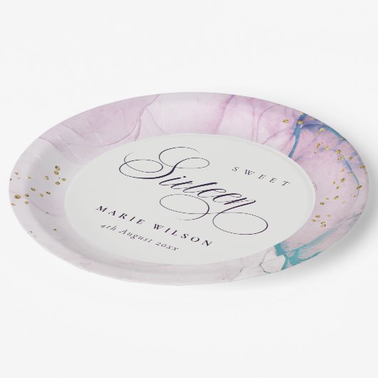 Abstrakte Pastel Lila Blue Aquamarin Sweet 16 Gebu Pappteller (Schrägansicht)