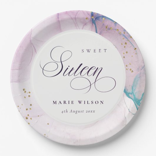 Abstrakte Pastel Lila Blue Aquamarin Sweet 16 Gebu Pappteller (Vorderseite)