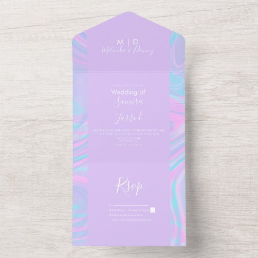 Abstrakte Pastel Liquid Lila Wedding All In One Einladung (Innen Boden)