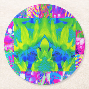 Abstrakte Patchwork-Sonnenblumen-Garten-Collage Runder Pappuntersetzer