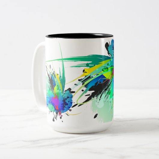 Abstrakte Peacock Paint-Spritzer Zweifarbige Tasse (Vorderseite Links)