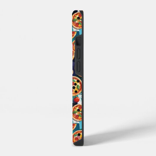 Abstrakte Pepperoni Pizza auf blauem Hintergrund iPhone Hülle (Linke Seite)