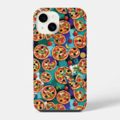 Abstrakte Pepperoni Pizza auf blauem Hintergrund iPhone Hülle (Rückseite)