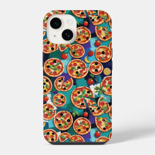 Abstrakte Pepperoni Pizza auf blauem Hintergrund iPhone Hülle (Rückseite)