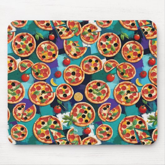 Abstrakte Pepperoni Pizza auf blauem Hintergrund Mousepad (Vorne)