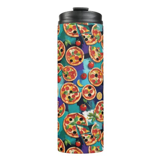 Abstrakte Pepperoni Pizza auf blauem Hintergrund Thermosbecher (Vorderseite)