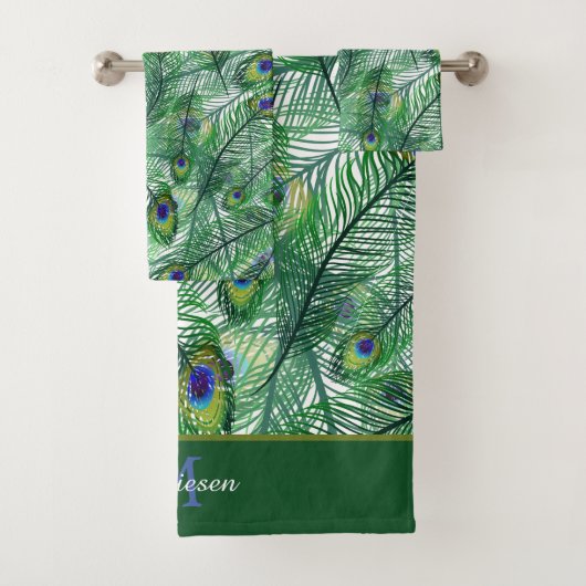 Abstrakte Pfauenfeathers Muster Monogram Badhandtuch Set (Insitu)