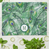 Abstrakte Pfauenfeathers Muster Monogram Geschirrtuch (Gefaltet)