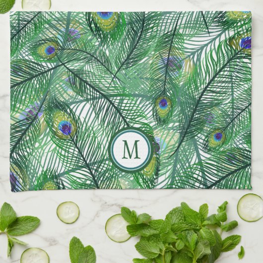 Abstrakte Pfauenfeathers Muster Monogram Geschirrtuch (Gefaltet)