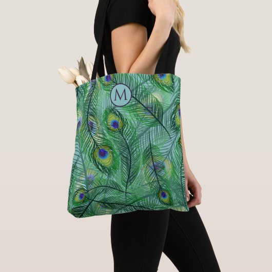Abstrakte Pfauenfeathers Muster Monogram Tasche (Von Nahem)