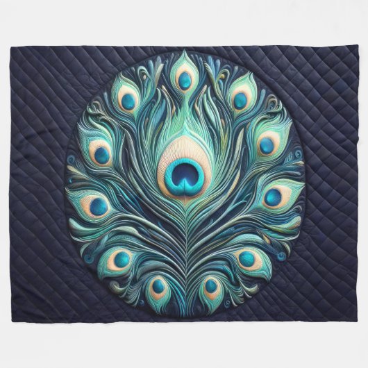 Abstrakte Pfauenfeathers Navy Blue Fleecedecke (Vorderseite (Horizontal))