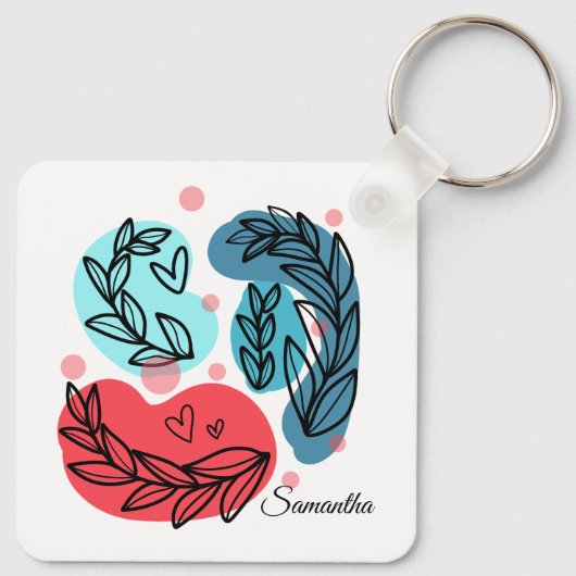 Abstrakte Pflanze rot und blau Schlüsselanhänger (Rückseite)