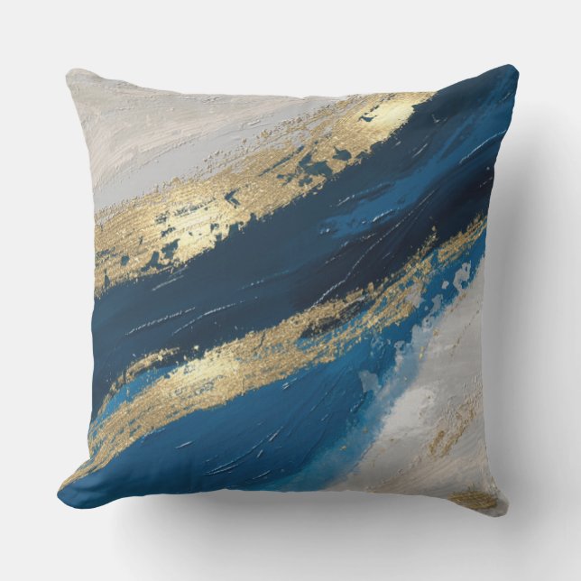 Abstrakte Pinselstriche Blau Gold Chic Moderne Kissen (Vorderseite)