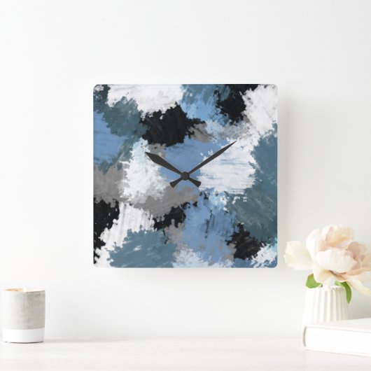 Abstrakte Pinselstriche, blau-grau Quadratische Wanduhr (Zuhause)