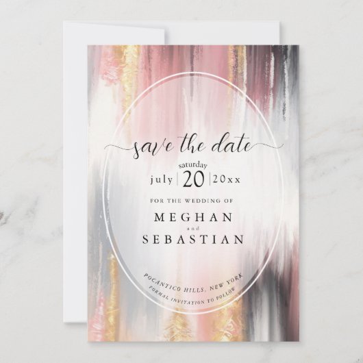 Abstrakte Pinselstriche Blush Gold Kohle Save The Date (Vorderseite)