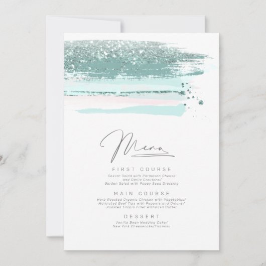 Abstrakte Pinselstriche Hochzeitmenü Aquamarin ID8 (Vorderseite)