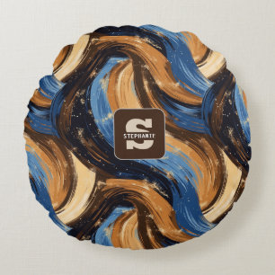 Abstrakte Pinselstriche in Blau und Braun Rundes Kissen