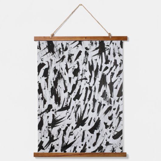 Abstrakte Pinselstriche in Schwarz und Weiß Art Wandteppich Mit Holzrahmen (Vorderseite)