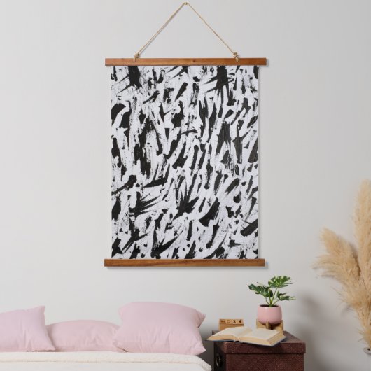 Abstrakte Pinselstriche in Schwarz und Weiß Art Wandteppich Mit Holzrahmen (Schlafzimmer)