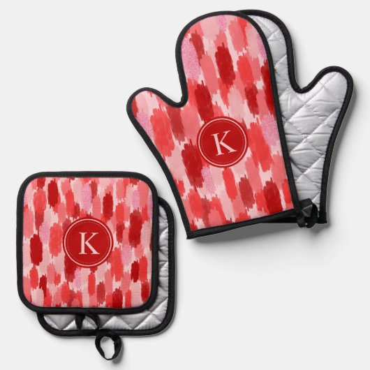Abstrakte Pinselstriche Muster Monogramm Ofenhandschuh & Topflappen-Set (Vorderseite/Rückseite)