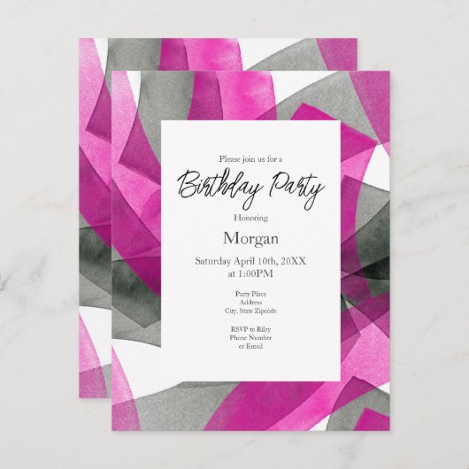 Abstrakte Pinselstriche, rosa, schwarz Einladung (Vorne/Hinten)