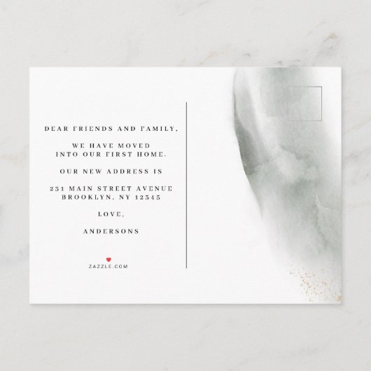 Abstrakte Pinselstriche und goldfarbene Pinselstri Ankündigungspostkarte (Rückseite)