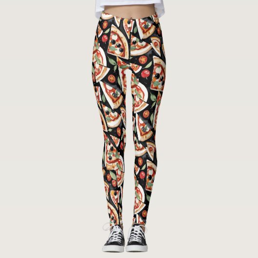 Abstrakte Pizzaslics auf schwarzem Hintergrund Leggings (Vorderseite)