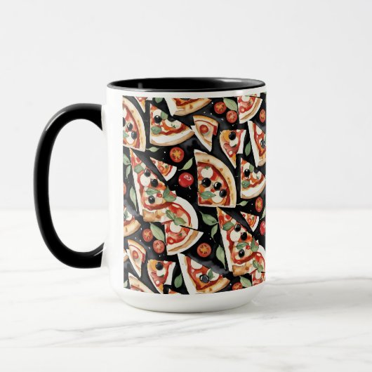 Abstrakte Pizzaslics auf schwarzem Hintergrund Tasse (Links)