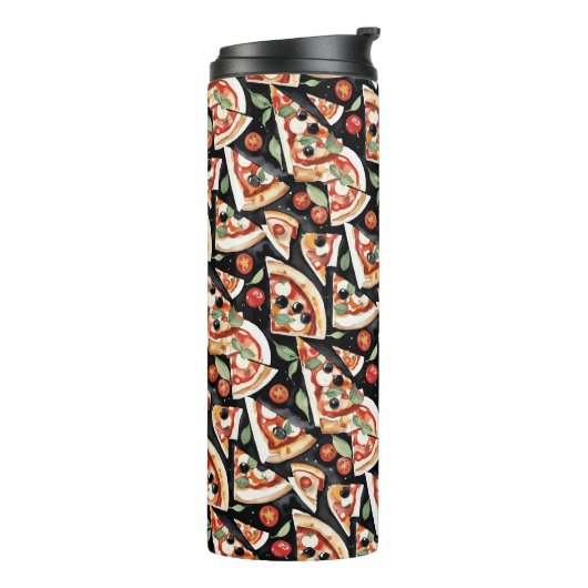 Abstrakte Pizzaslics auf schwarzem Hintergrund Thermosbecher (Nach links gedreht)