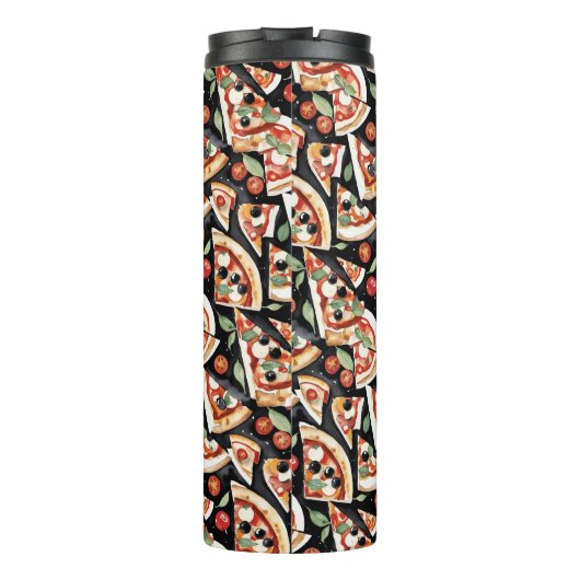 Abstrakte Pizzaslics auf schwarzem Hintergrund Thermosbecher (Rückseite)