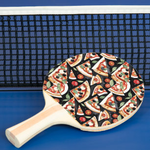 Abstrakte Pizzaslics auf schwarzem Hintergrund Tischtennis Schläger