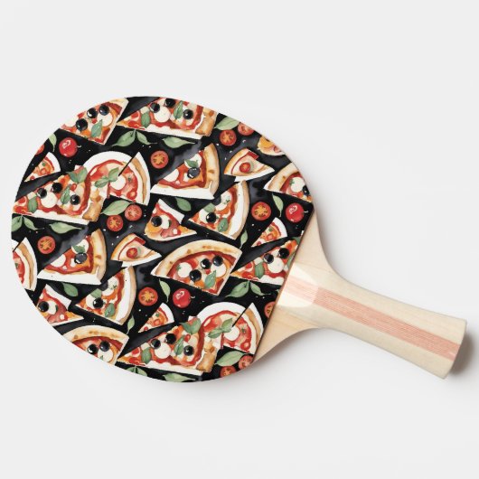 Abstrakte Pizzaslics auf schwarzem Hintergrund Tischtennis Schläger (Seitenansicht)