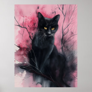 Abstrakte Porträtmalerei in Schwarz-Rosa-Katze Poster