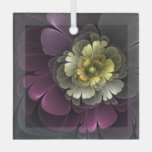 Abstrakte Purpur Khaki Grau Fraktal-Blume Quadrat Ornament Aus Glas