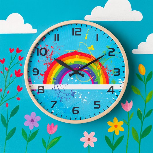 Abstrakte Rainbow Floral Wirbel und Paint Spritzer Große Wanduhr
