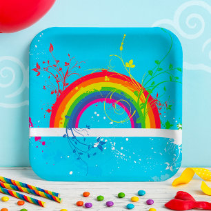 Abstrakte Rainbow Floral Wirbel und Paint Spritzer Pappteller
