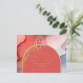 Abstrakte Red Coral Navy Gold Hochzeit RSVP Postkarte (Stehend Vorderseite)