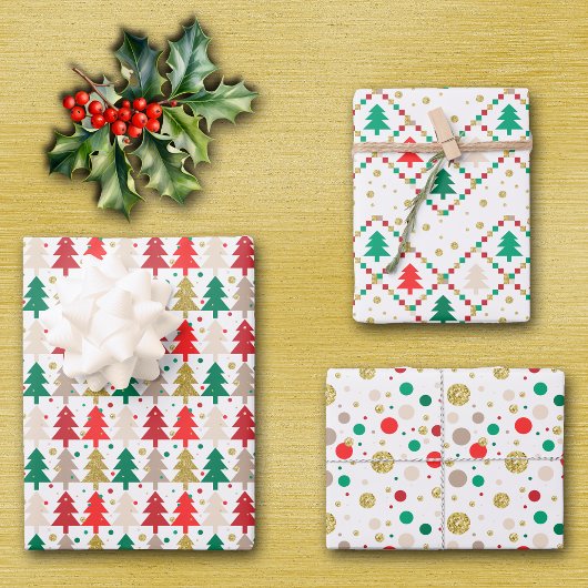 Abstrakte Red Green Gold Weihnachtsbaumkreise Geschenkpapier Set