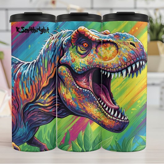 Abstrakte Regenbogen-T-Rex-Brüll-Kunst Thermosbecher