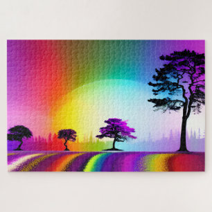 Abstrakte Regenbogenstraße Schwarze und Lila Bäume Puzzle