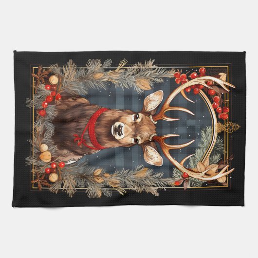 Abstrakte Rentierfeinde Rote und grüne Kiefer Geschirrtuch (Horizontal)