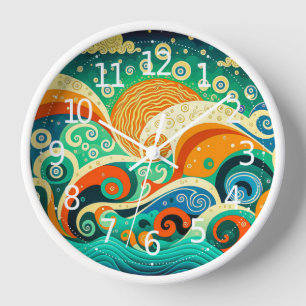 Abstrakte Retro 70er Hippie Waves Artwork   Uhr
