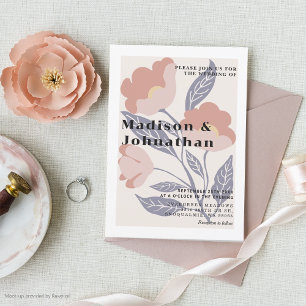 Abstrakte Retro-Blütenpink & Blauer Hochzeit Einladung