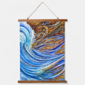 Abstrakte Rippelwellen in Blau und Gold Wandteppich Mit Holzrahmen (Vorderseite)