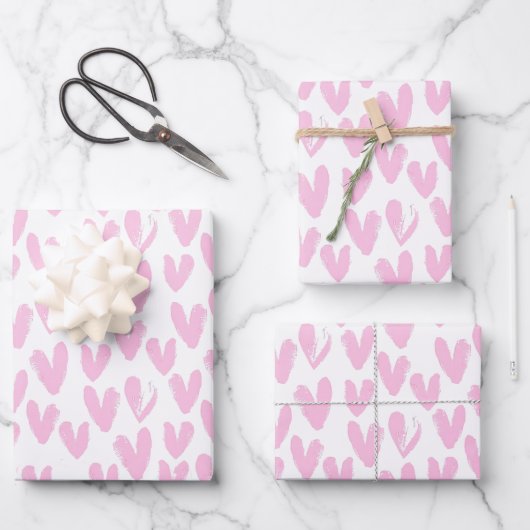 Abstrakte rosa Herzen auf Weiß Geschenkpapier Set (Vorderseite)